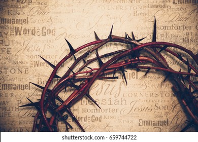 Crown of Thorns with Jesus names and attributes in the background.