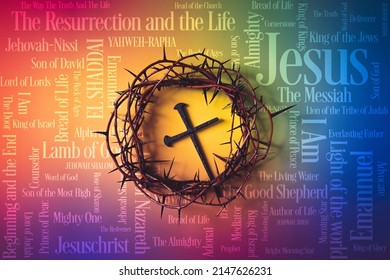 Crown of Thorns with a metal cross and Jesus names and attributes in a multicolored canvas background.