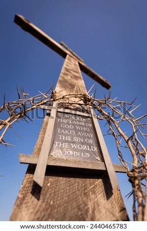 Crown of thorns surrounding plaque of John 1:29 Bible Verse on wooden cross vertical