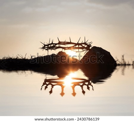 The crown of thorns symbolizing the suffering and trials of Jesus Christ and the crown of heaven reflected in the water, Passion Week and Easter background
