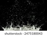 Crown water to object make curve drop explosion in ripple motion. Black background isolated. Crown Water splash on object to create shape form fluttering in droplet and wave. 