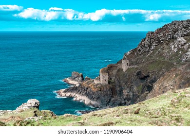 The Crowns Engine Houses, Botallack Tin mines in Cornwall Uk England.. Old tin mine ruins on cornwalls coastal path. Old Wheal also a Poldark film location.