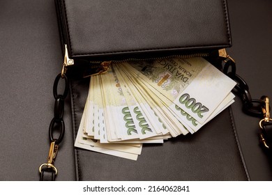 A lot of crowns in a women's bag on a black background. Czech currency.