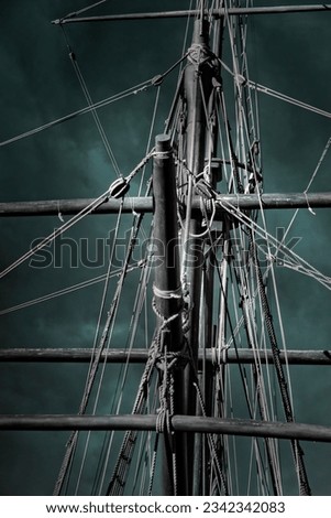 Crow's nest and rigging from a Portuguese caravel replica from the time of discovery. Vila do Conde, north of Portugal. Used infrared filter. 商業照片 © 