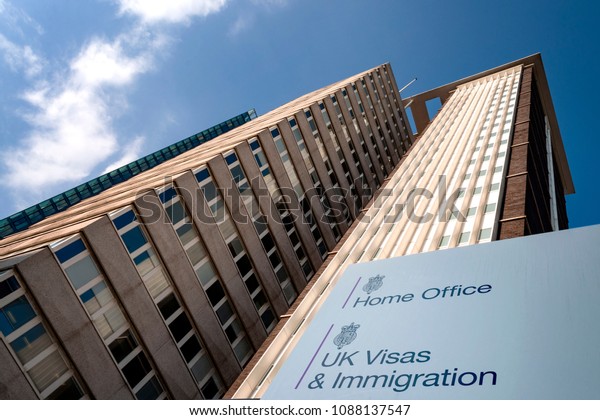 Croydon, UK - May 8, 2018: British\
immigration concept with Lunar House building the Home Office Visas\
and Immigration Office in Greater London, England,\
UK
