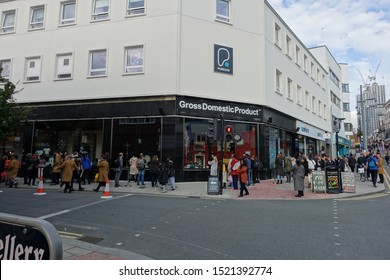 Croydon, UK - October 3, 2019: Banksy shop, Gross Domestic Product, open in Croydon (Stormzy stab proof vest in windows)