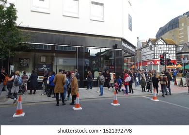 Croydon, UK - October 3, 2019: Banksy shop, Gross Domestic Product, open in Croydon (Stormzy stab proof vest in windows)