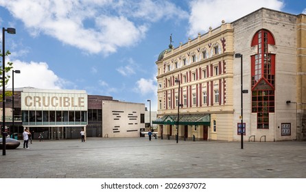 The Crucible sports venue and Lyceum Theatre in Tudor Square, Sheffield, Yorkshire, UK taken on 18 May 2018