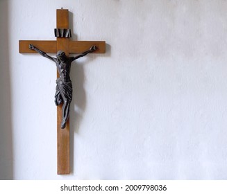 Crucifix On Wall Of Old Church. Catholic Crucifix With Text Space.