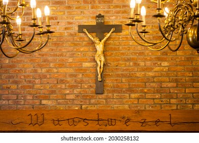 Crucifix On Wall Of Old Church. Catholic Crucifix With Text Space. High Quality Photo