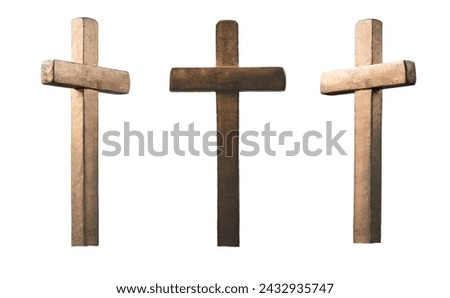 Crucifix on white background. Crucified Jesus Christ, Wooden cross isolated on white background. Christian cross made from natural wood material.