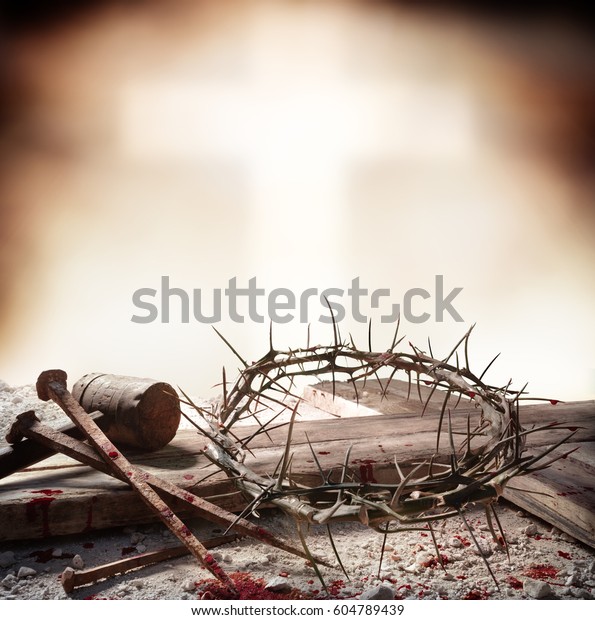 Crucifixion Of Jesus Christ - Cross With Hammer \
Bloody Nails And Crown Of\
Thorns\
