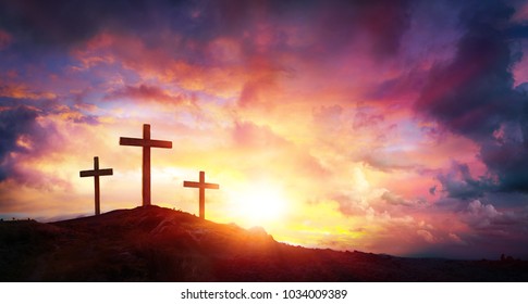 Crucifixion Of Jesus Christ  At Sunrise - Three Crosses On Hill
 - Shutterstock ID 1034009389