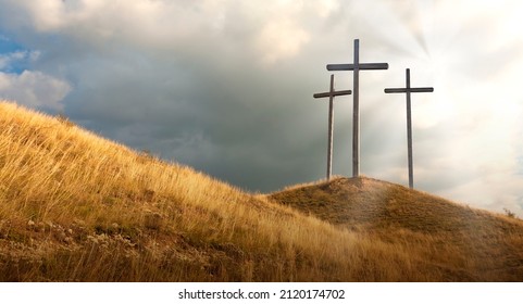 Crucifixion Of Jesus Christ At Sunrise - Three Crosses On Hill