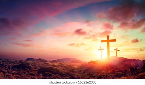 Crucifixion Of Jesus Christ  - Three Crosses On Hill At Sunset
