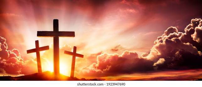 Crucifixion Of Jesus Christ- Three Crosses As Sunset