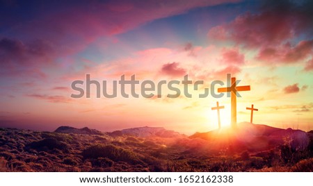 Crucifixion Of Jesus Christ  - Three Crosses On Hill At Sunset
