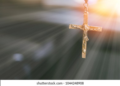 Crucifixion Of Jesus Christ.Jesus with Cross over sunset concept for faith religion, christian worship, Easter, Redeemer Thanksgiving prayer and praise, good friday.