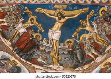 Crucifixion Of Jesus. Mural Painting From Modovita Monastery Located In Bukovina (Northern Romania)