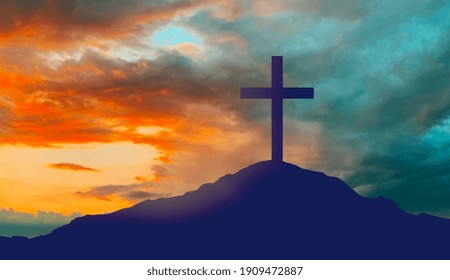 crucifixion, religion and christianity concept - silhouette of cross on calvary hill over sky background