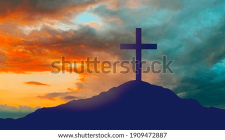 crucifixion, religion and christianity concept - silhouette of cross on calvary hill over sky background