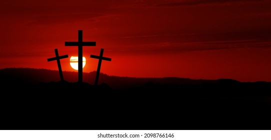 Crucifixion and resurrection, crosses against the sunset