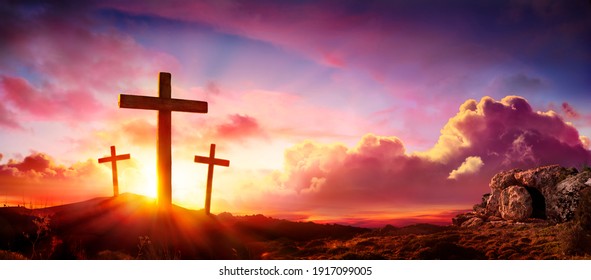 Crucifixion And Resurrection of Jesus at Sunrise - Shutterstock ID 1917099005