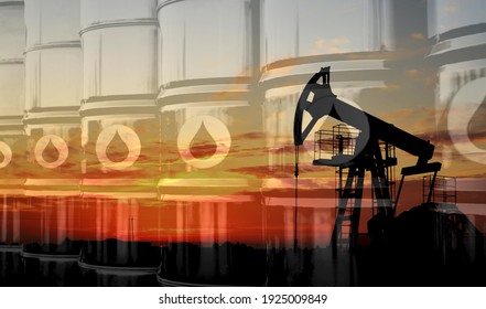 Crude mining concept and graph of falling oil prices on the trading exchange. Crude oil pump jack at oilfield on sunset backround. Fossil crude output and fuels oil production. Oil drill rig - Shutterstock ID 1925009849