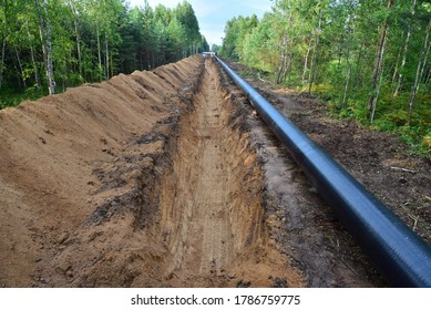 Crude oil and Natural gas pipeline construction work in forest area.  Installation the Petrochemical Pipe. Construction the Pipeline for transport gas to LNG plant