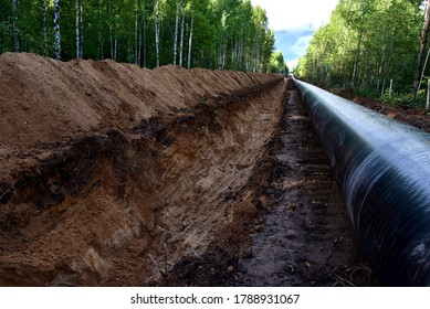Crude Oil And Natural Gas Pipeline Construction Work In Forest Area.  Installation The Petrochemical Pipe. Construction The Pipeline For Transport Gas To LNG Plant