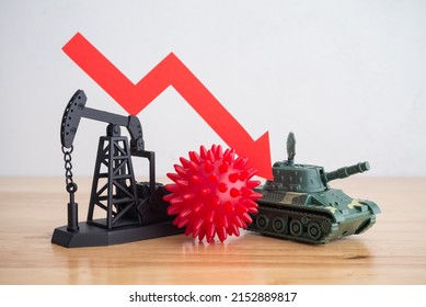 Crude Oil Pumpjack, Covid-19, Battle Tank Model And Red Economic Drop Chart On Wooden Table Background. Concept Of Global Economy Crisis Due To Energy Price Increase, Coronavirus Pandemic And War.