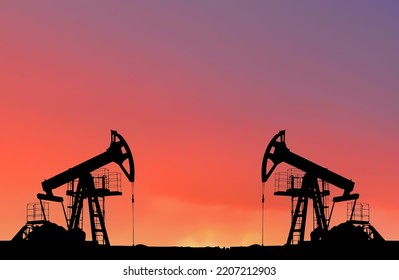 Crude Oil Pumpjack On Sunset. Fossil Crude Output And Fuels Oil Production. Oil Drill Rig And Drilling Derrick. Global Crude Oil Prices, Energy, Petroleum Demand (OPEC+). Pump Jack At Oilfield.