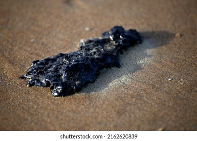 Crude oil spillage washed ashore on a beach  - Shutterstock ID 2162620839