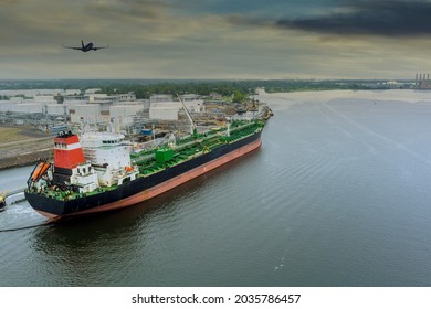 Crude oil tanker is uploading in the operation port terminal