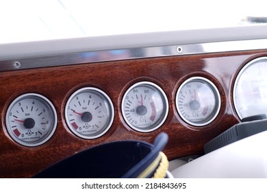Cruise boat dashboard with round gauges. Russia, Rostov-on-Don 14july2022