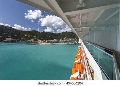 Cruise Line Ship Side With Lifeboats And Balcony Stateroom.