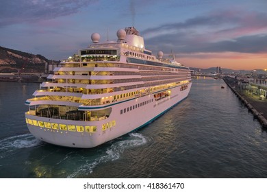 Cruise Liner At The Port Of Barcelona. 