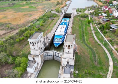 A Cruise Liner With Tourists On Board Passes Through The Volga-Don Shipping Canal Named After Lenin.