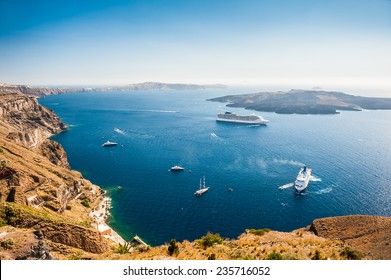 Cruise Liners Near The Greek Islands. Beautiful Landscape With Sea View. Santorini Island, Greece