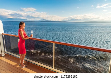 Cruise Luxury Travel Lifestyle Woman On Fancy Europe Vacation. Asian Elegant Lady Drinking Champagne Glass Watching Sunset On Private Balcony Deck.