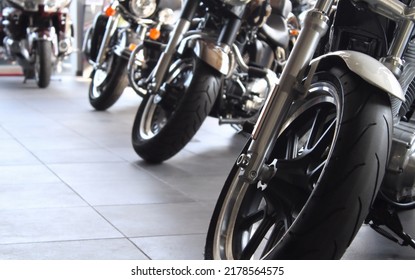 Cruise Motorcycles In Showroom Of Motorbike Store
