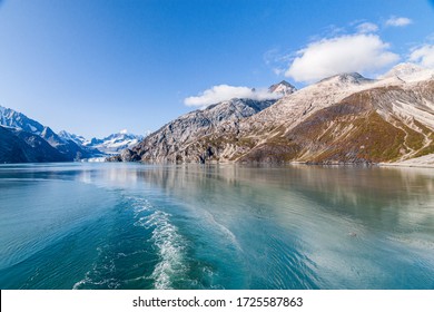 Cruise Ship In Alaska, USA. Panoramic View In The Summer. Landscape In Alaska.