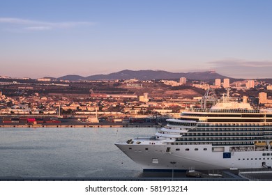 Cruise Ship Anchored At The Port Of Marseille, Provence, France