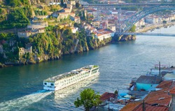 Cruise Ship Arrives To Porto By The River Douro. Portugal