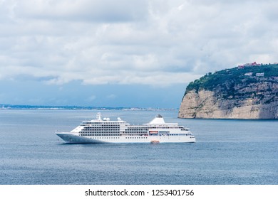 Cruise Ship By Sorrento Coast On A Cloudy Day. Amalfi Coast, Italy