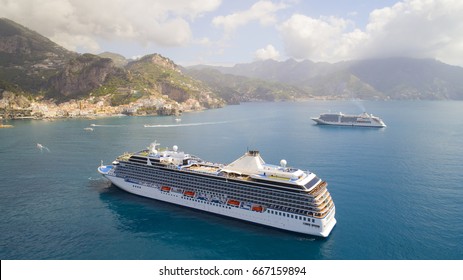 Cruise Ship Came To Amalfi In Southern Italy. Aerial View 