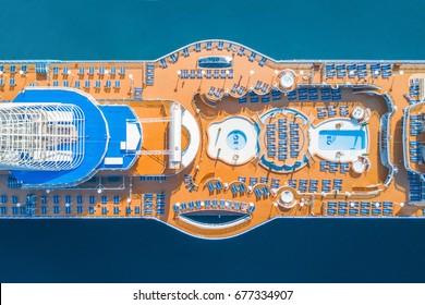 Cruise Ship With Chaise Lounges And A Swimming Pool, Top View