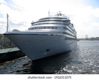 Cruise ship at the city pier on the Neva River in St. Petersburg