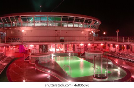 Cruise Ship Deck At Night Under Red Lights