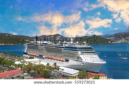 Cruise ship docked in Saint Thomas Island